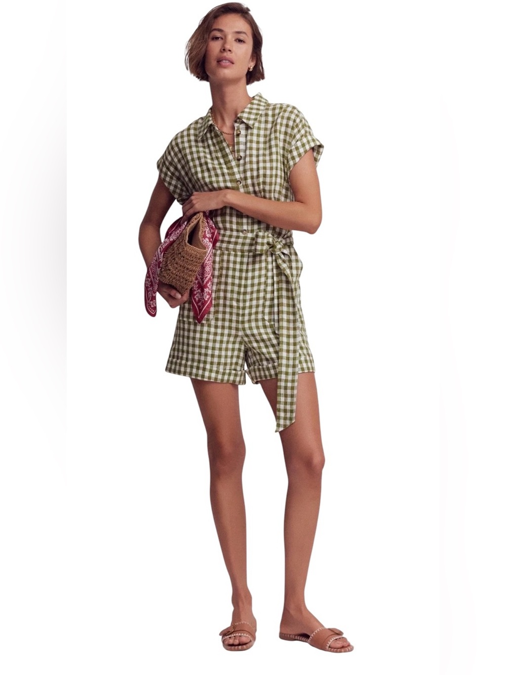 BODEN Kay Linen Playsuit Olive / Ivory Gingham Romper NWT Size 6